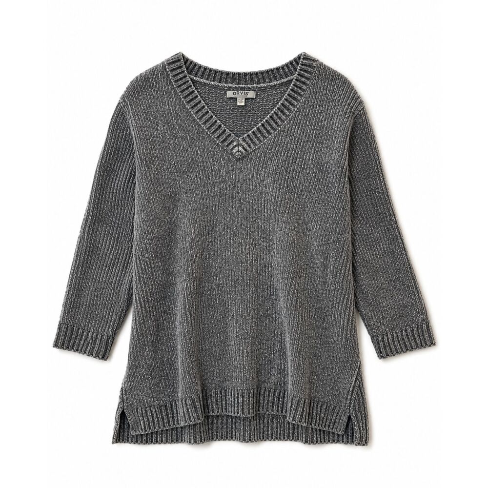 Orvis Sweater Womens XXL Gray Chunky Knit V Neck Cozy Oversized Cottagecore